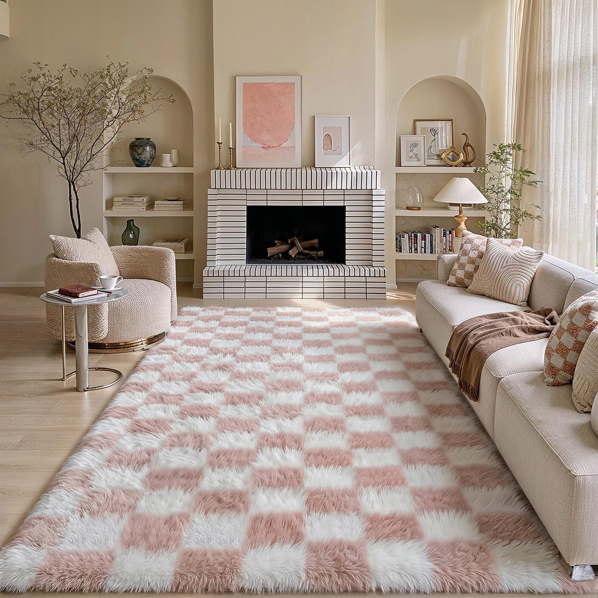 PureCozy Beige 8x10 Area Rug for Living Room Soft Checkered Shag Carpet