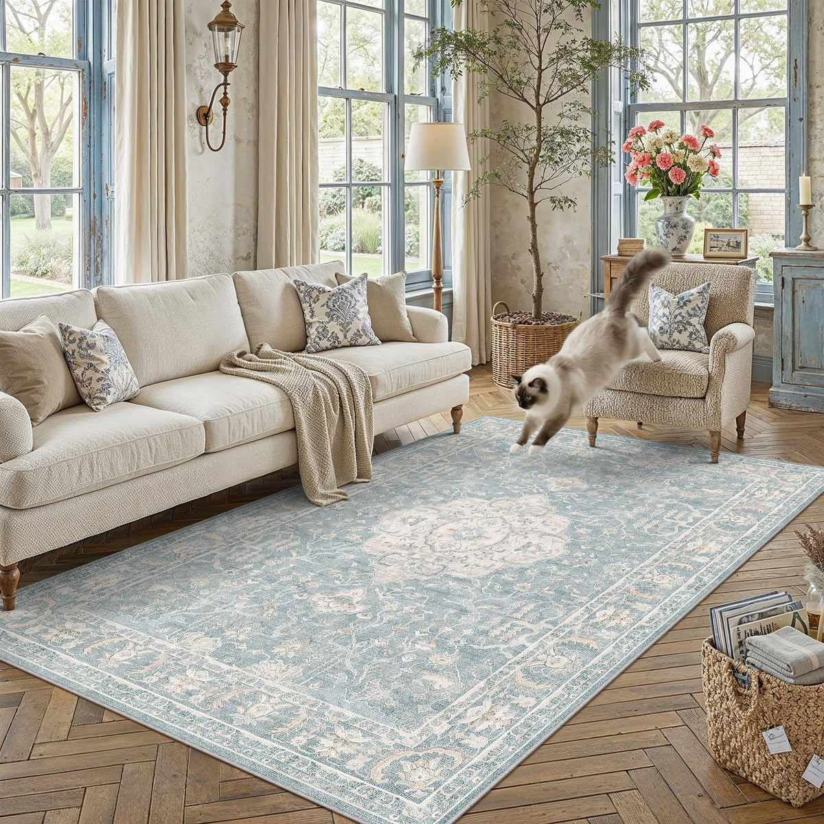 PureCozy 8x10 Neutral Area Rug Living Room Ivory Beige Vintage Medallion
