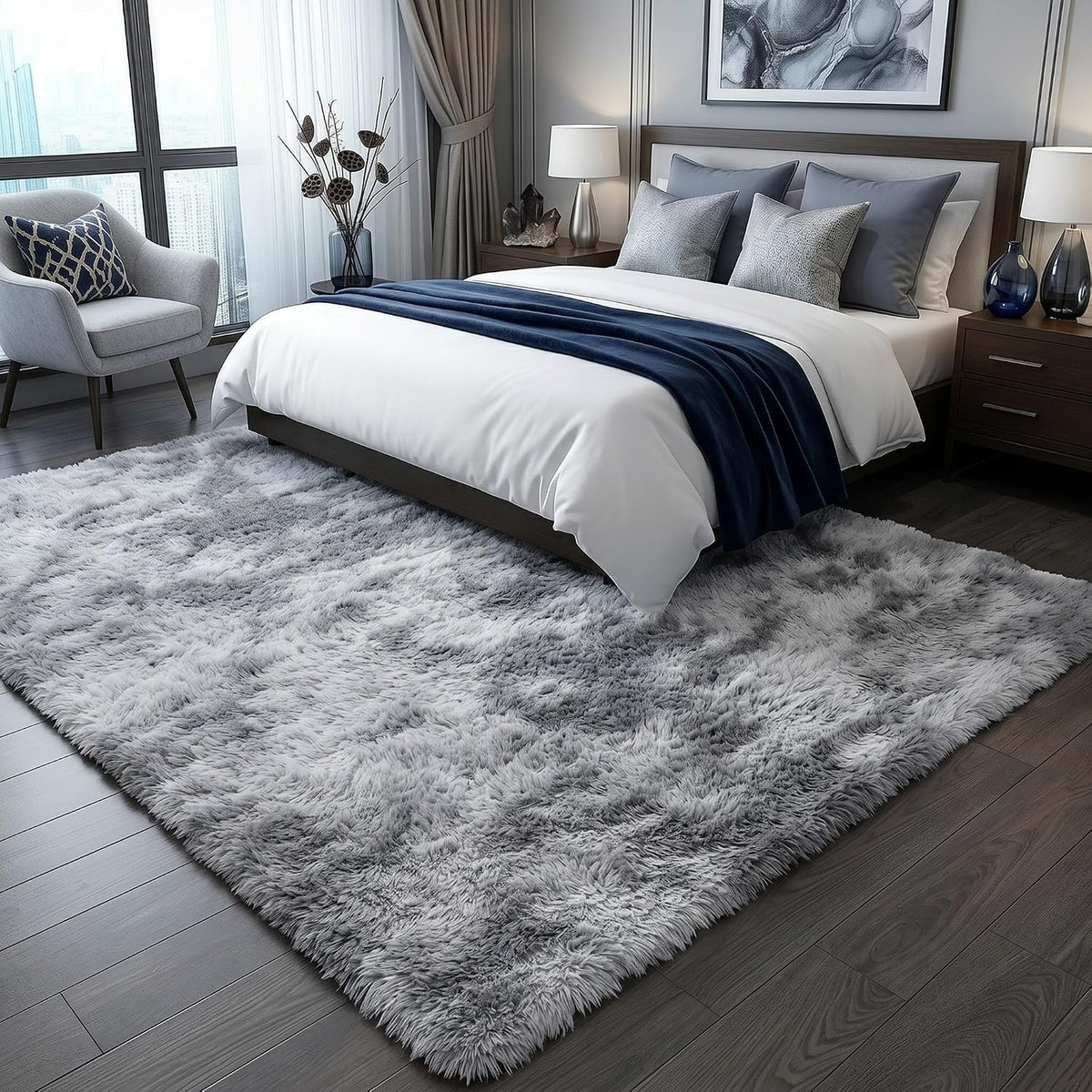 Area Rugs for Living Room Bedroom, 5x8 Fluffy Tie-Dyed Light Grey Shag Rug