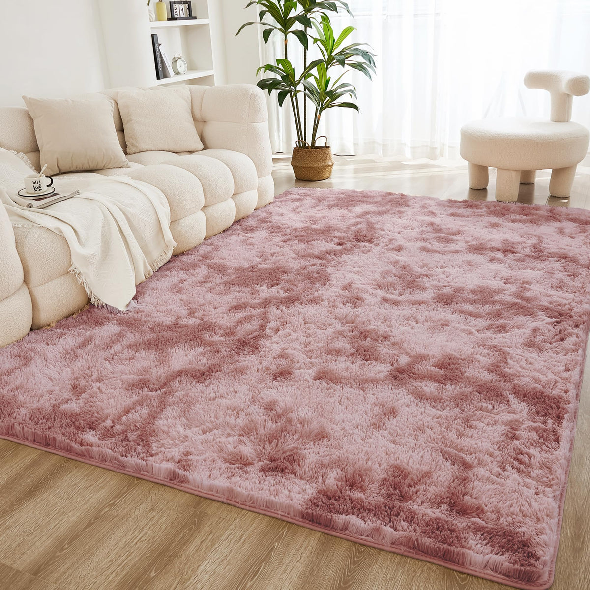 Litanika 5x8 Shag Area Rug for Bedroom, Tie-Dyed Beige Plush Rug