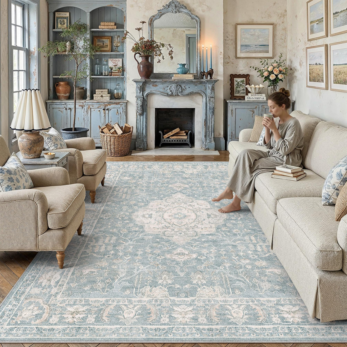 PureCozy 8x10 Neutral Area Rug Living Room Ivory Beige Vintage Medallion