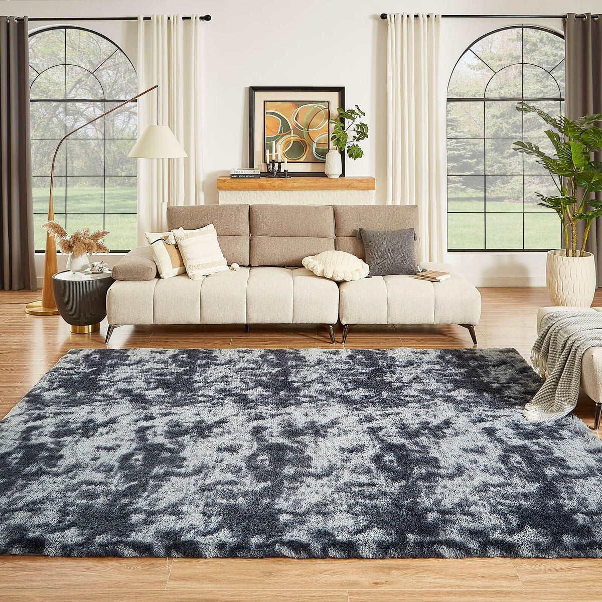 Floralux Rugs for Living Room, 6x9 Large Shag Area Rug, Tie-Dyed Light Grey Soft Fluffy Carpets for Bedroom