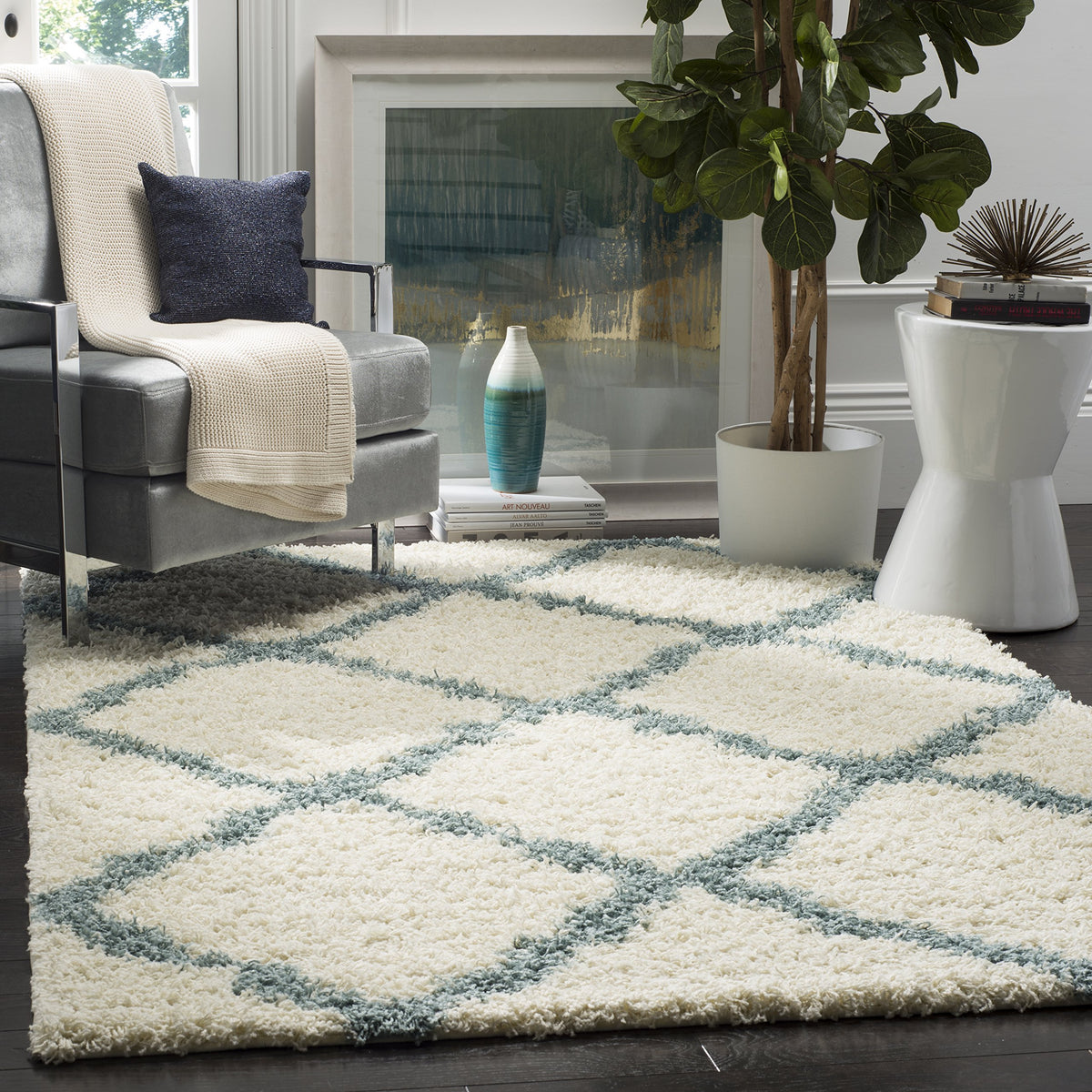 SAFAVIEH Dallas Shag Collection 8' x 10' Beige/Ivory SGD257D Trellis Non-Shedding Living Room Bedroom Dining Room Entryway Plush 1.5-inch Thick Area Rug