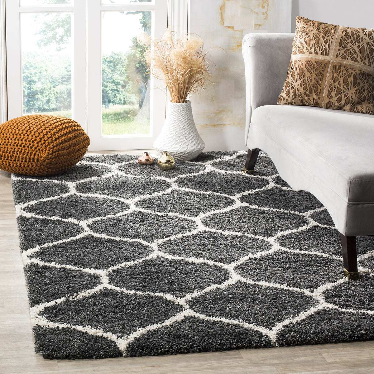SAFAVIEH Hudson Shag Collection 9' x 12' Grey/Ivory SGH280B Moroccan Ogee Trellis Non-Shedding Living Room Bedroom Dining Room Entryway Plush 2-inch Thick Area Rug