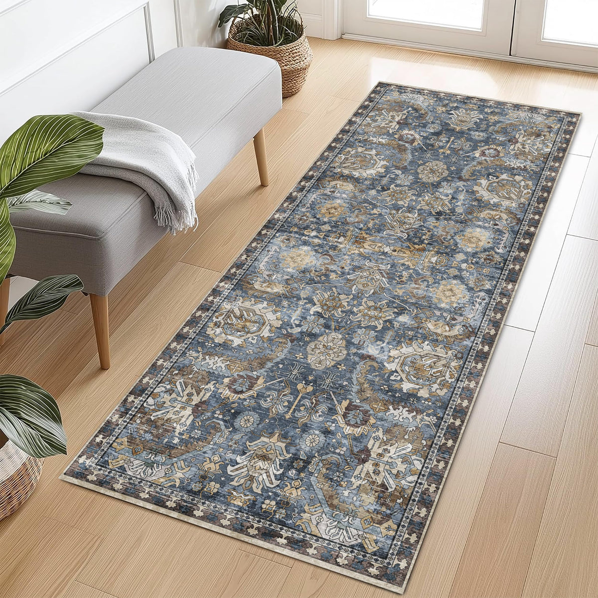 RUGSURE Washable Area Rugs 9' x 12' - 1/6 Thick - Moroccan-Inspired -Stain & Water Resistant Non-Slip - Resistant Rug for Living Room, Bedroom, Nursery, Pet & Child Friendly (Blue and Brown)
