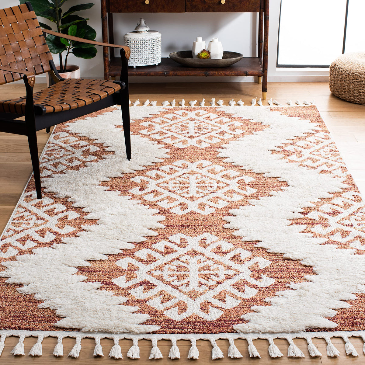 SAFAVIEH Moroccan Tassel Shag Rug 10'x14', Soft Plush Ivory & Brown MTS652A