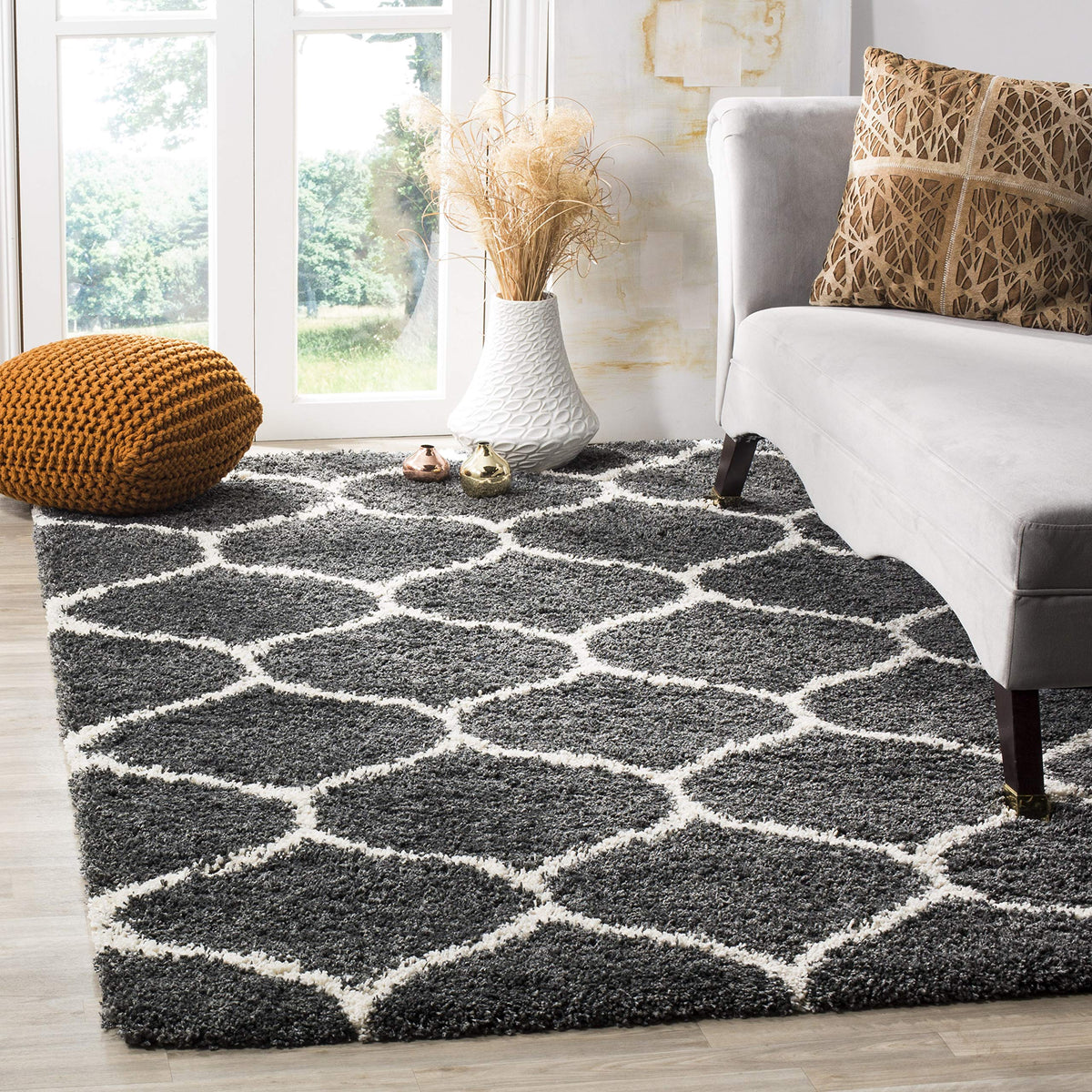SAFAVIEH Hudson Shag Collection 9' x 12' Grey/Ivory SGH280B Moroccan Ogee Trellis Non-Shedding Living Room Bedroom Dining Room Entryway Plush 2-inch Thick Area Rug