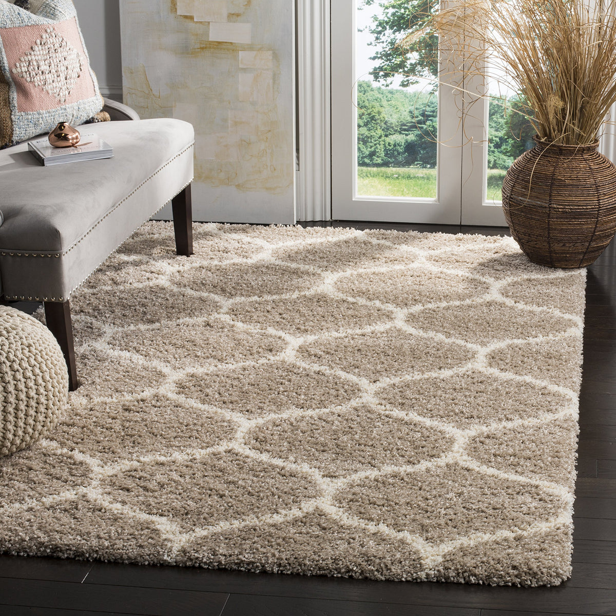 SAFAVIEH Hudson Shag Collection 9' x 12' Grey/Ivory SGH280B Moroccan Ogee Trellis Non-Shedding Living Room Bedroom Dining Room Entryway Plush 2-inch Thick Area Rug