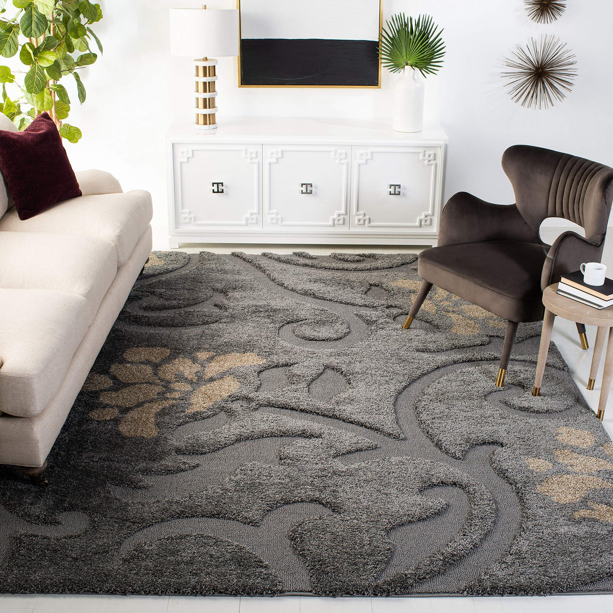 SAFAVIEH Area Rug 8x10 - Florida Shag Collection - Large - Smoke & Beige, Floral Design, Non-Shedding & Easy Cleaning, Plush Thick Pile, Ideal for Living Room, Bedroom, Dining Space (SG464-7913)