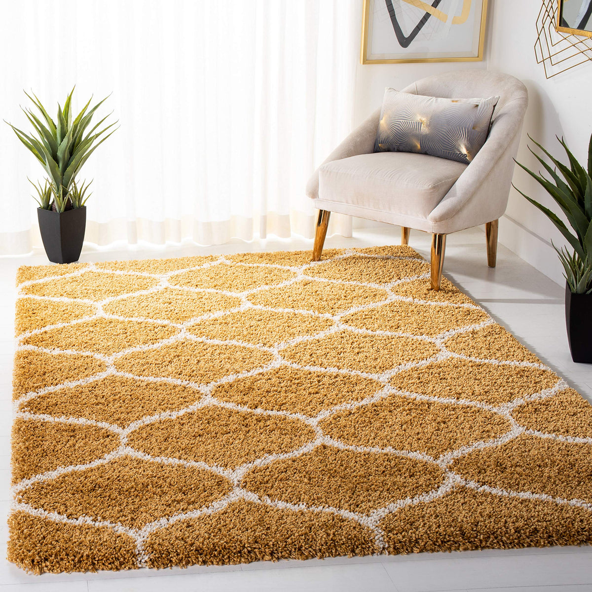 SAFAVIEH Hudson Shag Collection 9' x 12' Grey/Ivory SGH280B Moroccan Ogee Trellis Non-Shedding Living Room Bedroom Dining Room Entryway Plush 2-inch Thick Area Rug