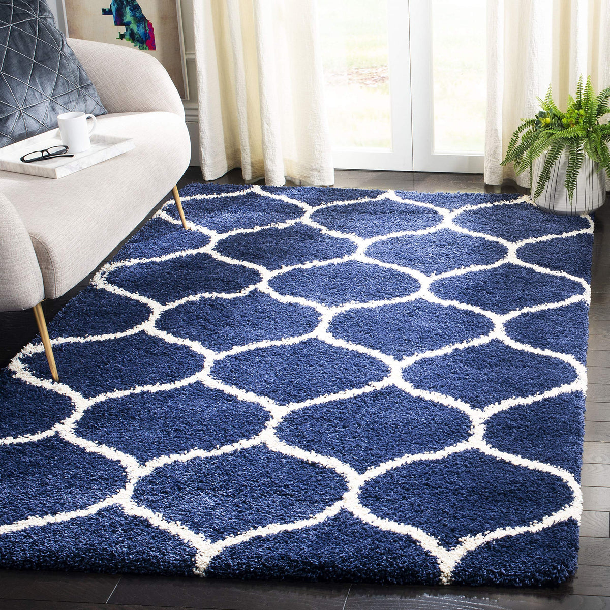 SAFAVIEH Hudson Shag Collection 9' x 12' Grey/Ivory SGH280B Moroccan Ogee Trellis Non-Shedding Living Room Bedroom Dining Room Entryway Plush 2-inch Thick Area Rug