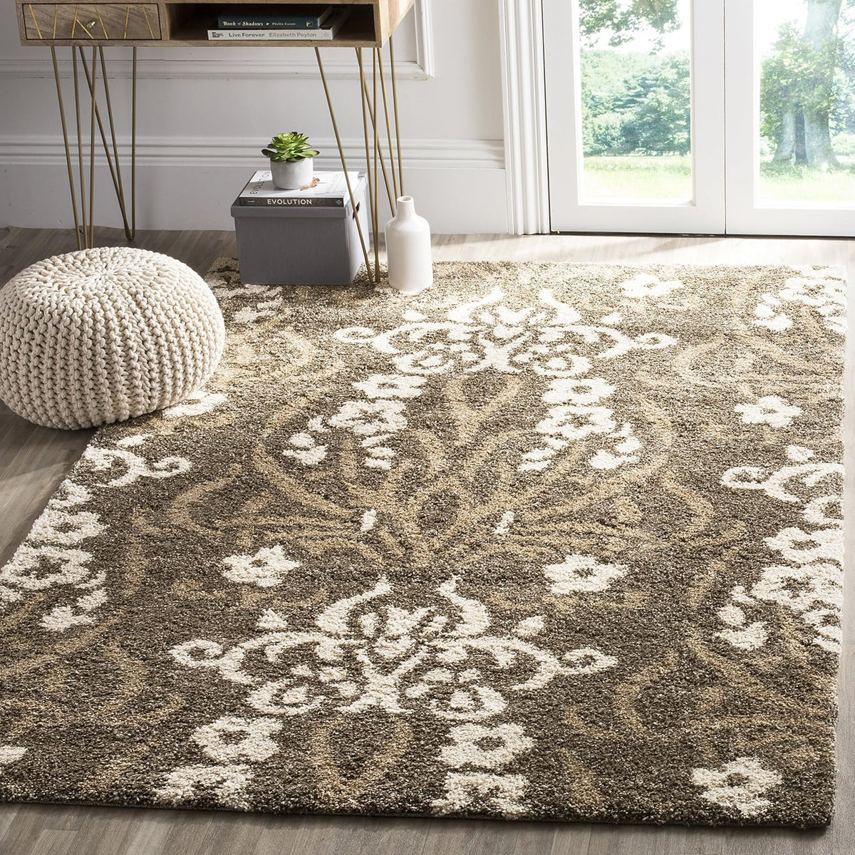 SAFAVIEH Florida Shag Collection Area Rug - 8'6" x 12', Smoke & Beige, Floral Design, Non-Shedding & Easy Care, 1.2-inch Thick Ideal for High Traffic Areas in Living Room, Bedroom (SG457-7913)