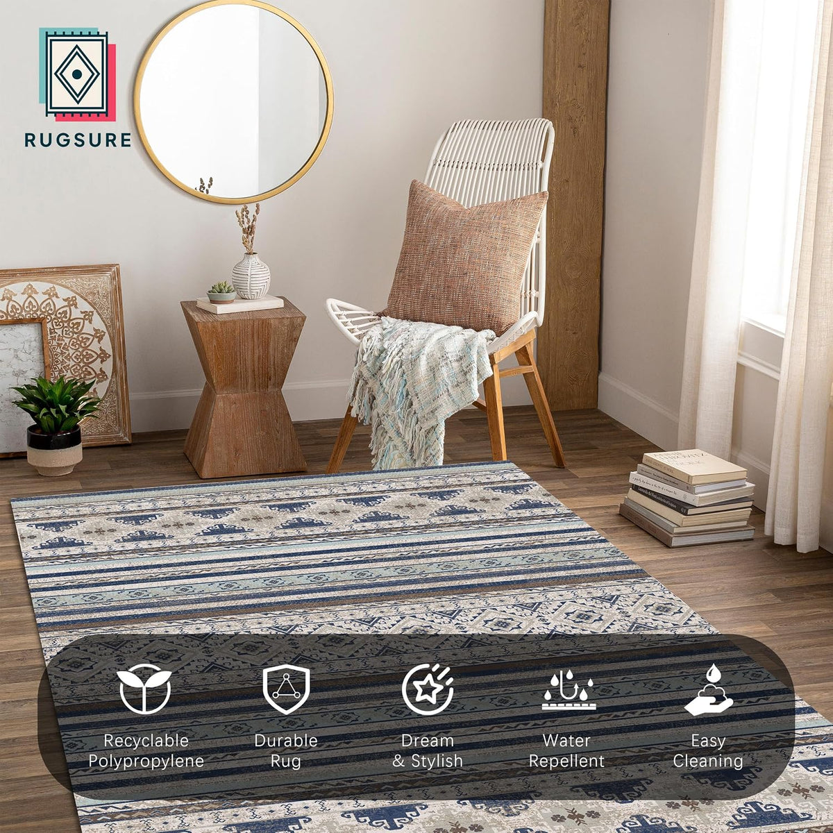 RUGSURE Washable Area Rugs 9' x 12' - 1/6 Thick - Moroccan-Inspired -Stain & Water Resistant Non-Slip - Resistant Rug for Living Room, Bedroom, Nursery, Pet & Child Friendly (Blue and Brown)