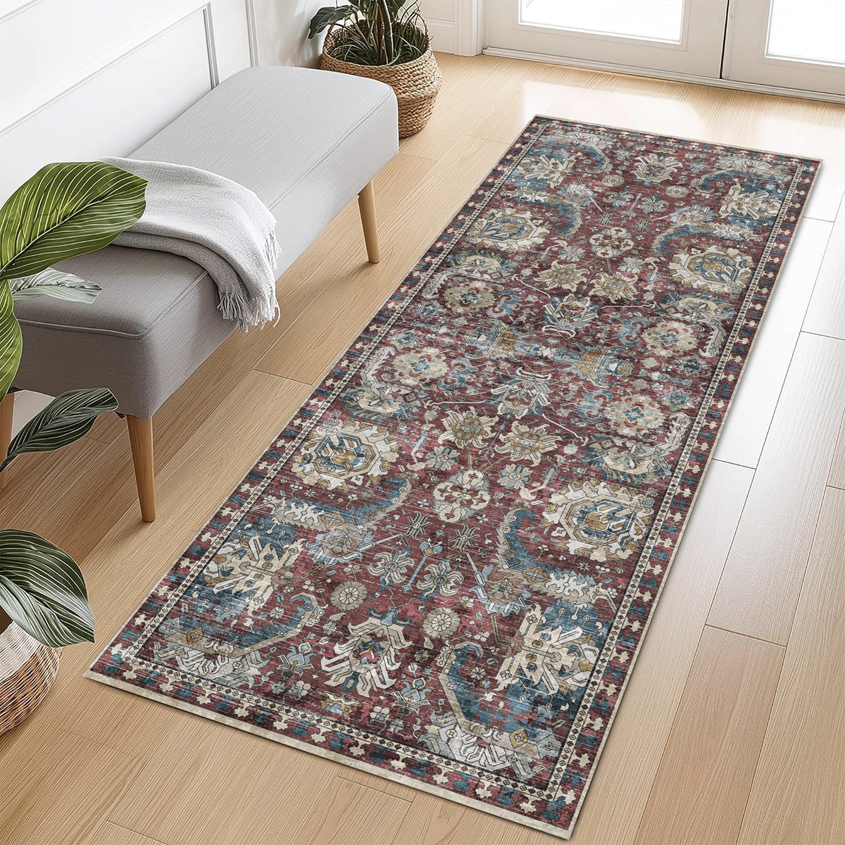 RUGSURE Washable Area Rugs 9' x 12' - 1/6 Thick - Moroccan-Inspired -Stain & Water Resistant Non-Slip - Resistant Rug for Living Room, Bedroom, Nursery, Pet & Child Friendly (Blue and Brown)