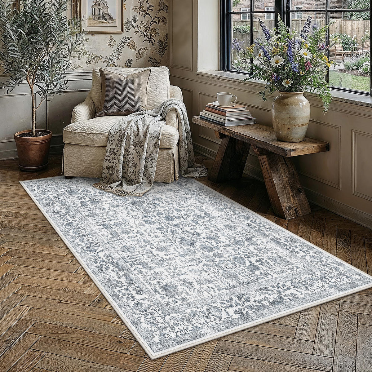 PureCozy Gray Area Rug 8x10 Vintage Floral