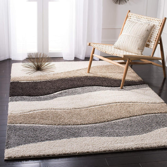 SAFAVIEH Florida Shag Collection Area Rug - 6' x 9', Ivory & Grey, Abstract Design, Non-Shedding & Easy Care, 1.2-inch Thick Ideal for High Traffic Areas in Living Room, Bedroom (SG475-1180)