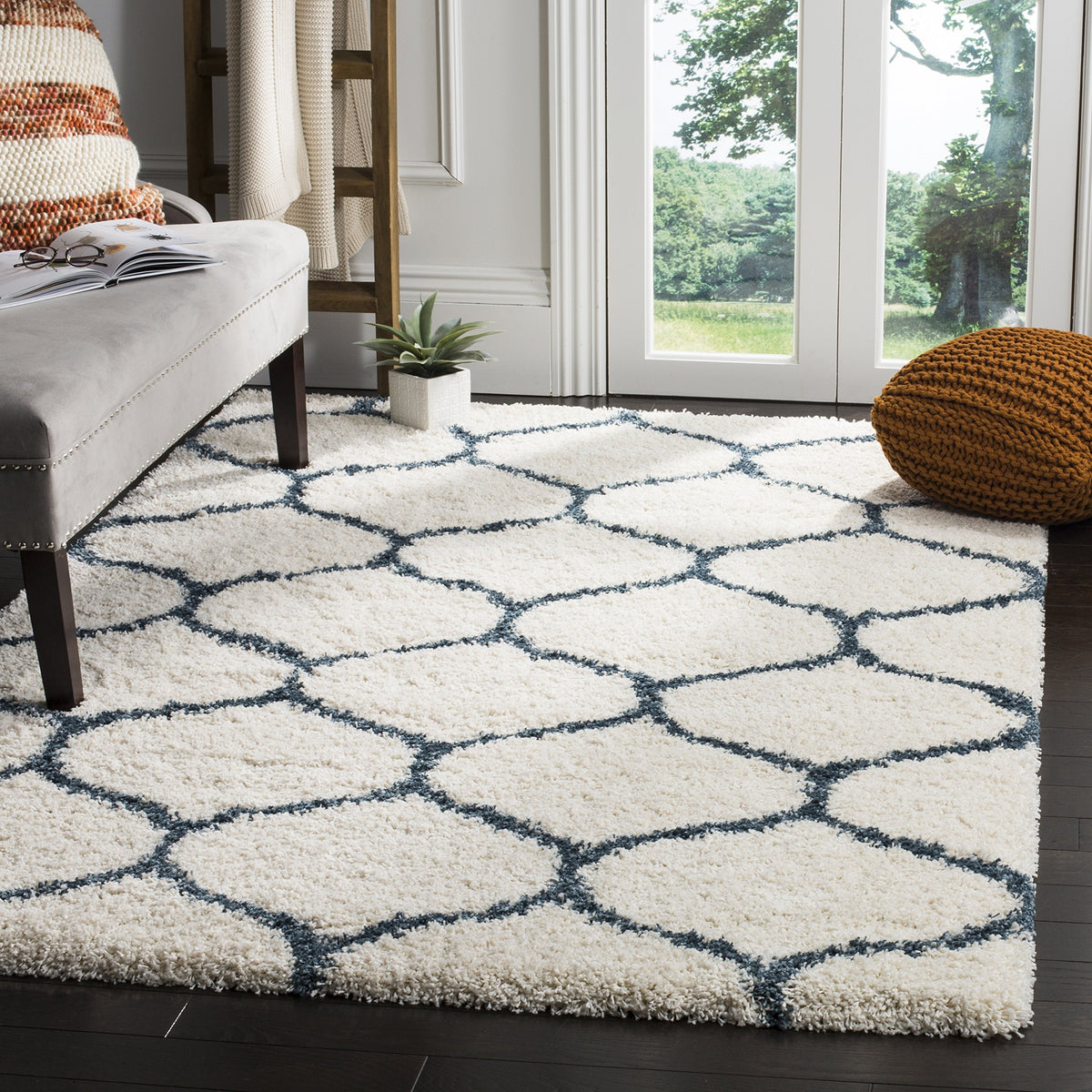 SAFAVIEH Hudson Shag Collection 9' x 12' Grey/Ivory SGH280B Moroccan Ogee Trellis Non-Shedding Living Room Bedroom Dining Room Entryway Plush 2-inch Thick Area Rug