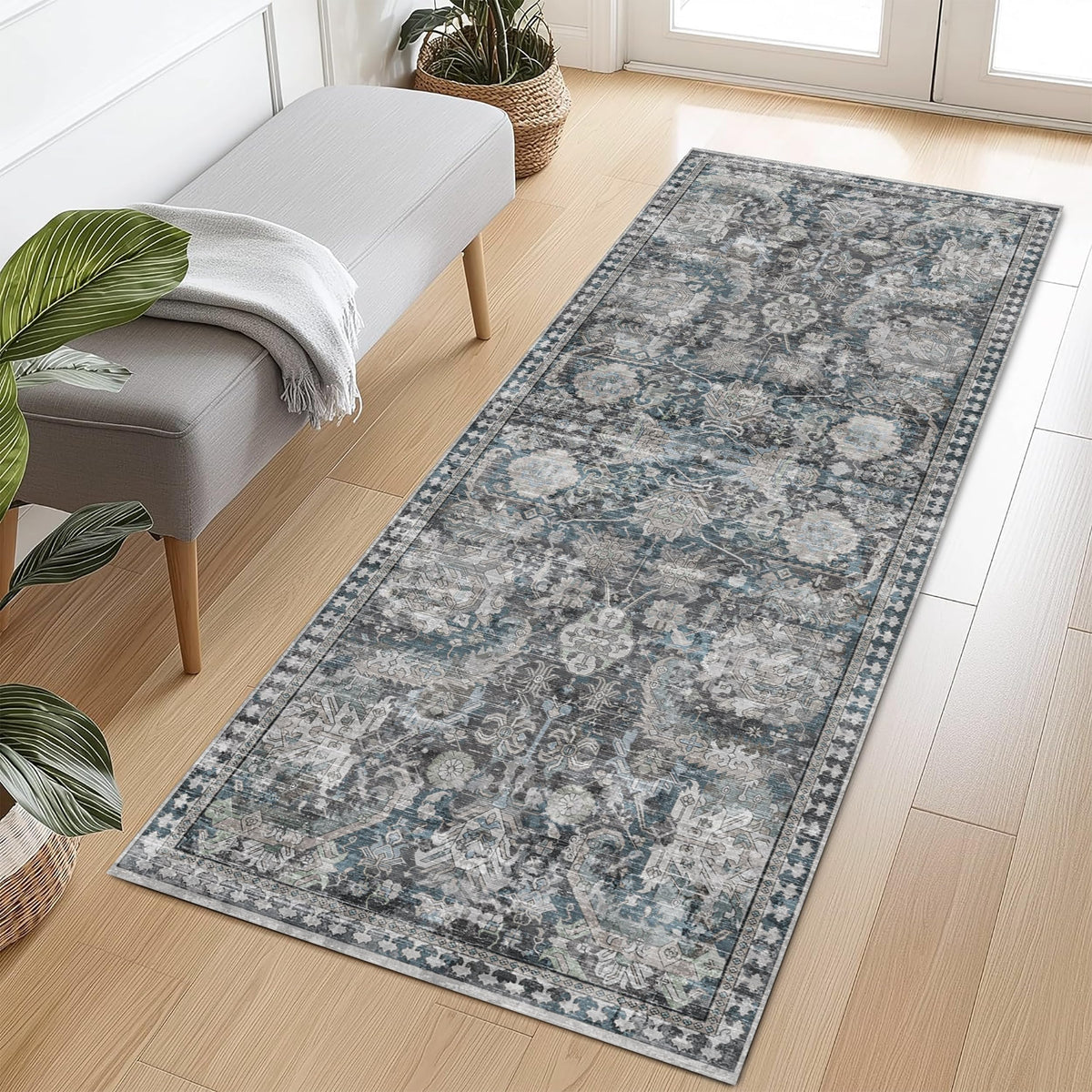 RUGSURE Washable Area Rugs 9' x 12' - 1/6 Thick - Moroccan-Inspired -Stain & Water Resistant Non-Slip - Resistant Rug for Living Room, Bedroom, Nursery, Pet & Child Friendly (Blue and Brown)