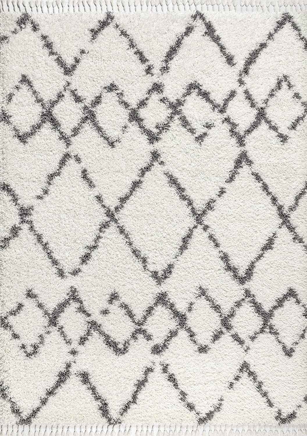 JONATHAN Y Mercer Shag Plush Tassel Ivory/Gray Indoor Area Rug, 8x10, Moroccan Geometric Trellis, Contemporary, Easy-Cleaning for Living Room, Bedroom, Kitchen, Pet Friendly, Non-Shedding (MCR102B-8)