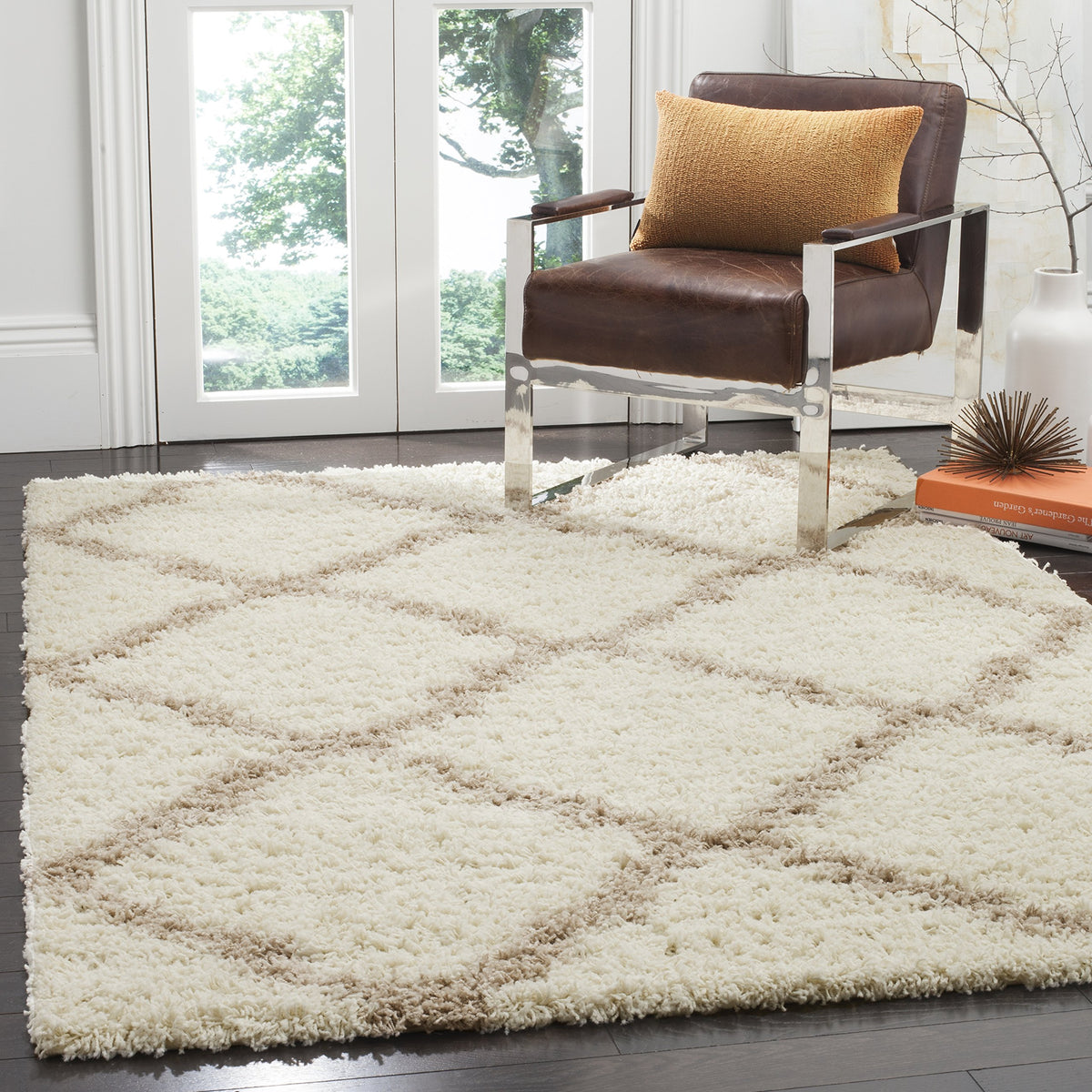 SAFAVIEH Dallas Shag Collection 8' x 10' Beige/Ivory SGD257D Trellis Non-Shedding Living Room Bedroom Dining Room Entryway Plush 1.5-inch Thick Area Rug