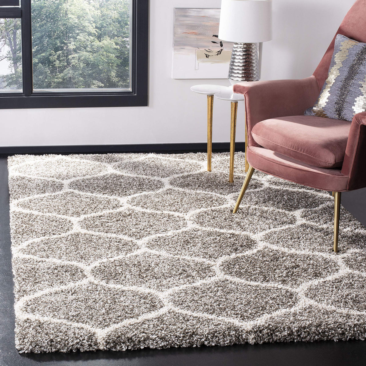 SAFAVIEH Hudson Shag Collection 9' x 12' Grey/Ivory SGH280B Moroccan Ogee Trellis Non-Shedding Living Room Bedroom Dining Room Entryway Plush 2-inch Thick Area Rug