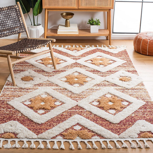 SAFAVIEH Area Rug 8x10 - Moroccan Tassel Shag Collection - Large - Rust & Ivory, Boho Design, Non-Shedding & Easy Cleaning, Plush Pile, Ideal for Living Room, Bedroom, Dining Space (MTS664P)