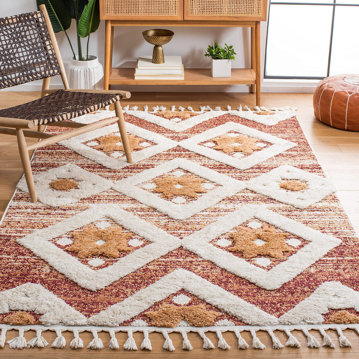 SAFAVIEH Area Rug 8x10 - Moroccan Tassel Shag Collection - Large - Rust & Ivory, Boho Design, Non-Shedding & Easy Cleaning, Plush Pile, Ideal for Living Room, Bedroom, Dining Space (MTS664P)
