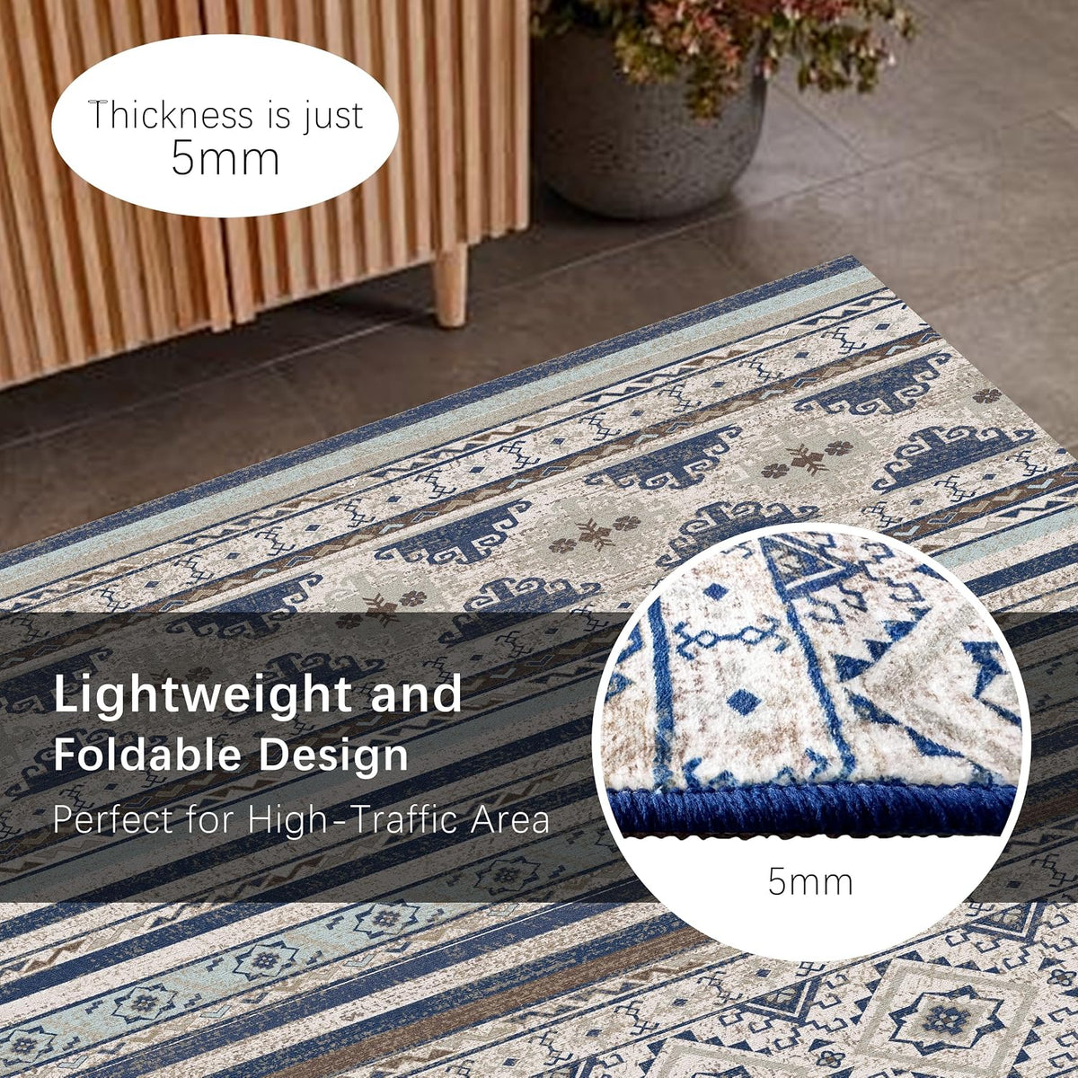 RUGSURE Washable Area Rugs 9' x 12' - 1/6 Thick - Moroccan-Inspired -Stain & Water Resistant Non-Slip - Resistant Rug for Living Room, Bedroom, Nursery, Pet & Child Friendly (Blue and Brown)