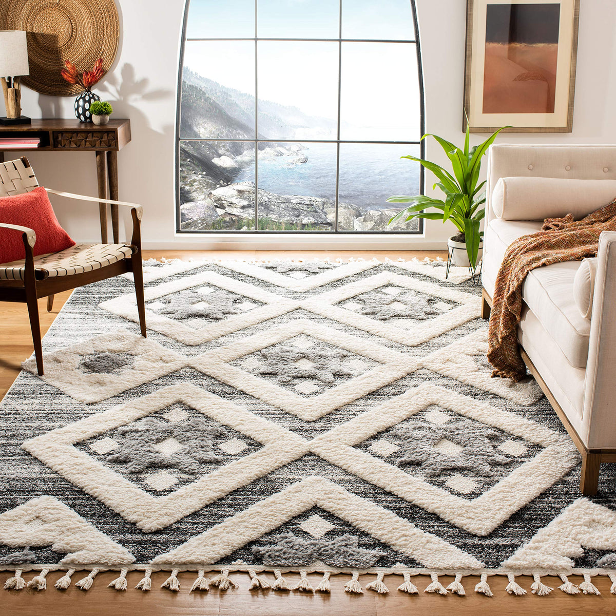 SAFAVIEH Area Rug 8x10 - Moroccan Tassel Shag Collection - Large - Rust & Ivory, Boho Design, Non-Shedding & Easy Cleaning, Plush Pile, Ideal for Living Room, Bedroom, Dining Space (MTS664P)