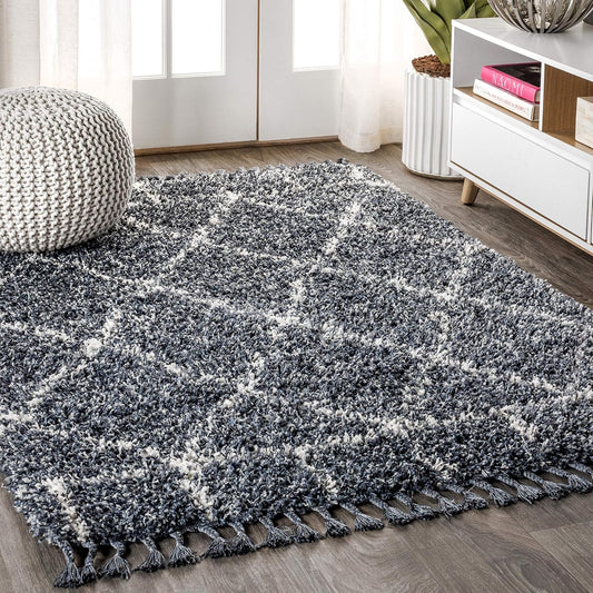 JONATHAN Y Mercer Shag Plush Tassel Blue/Cream Indoor Area Rug, 8x10, Moroccan Geometric Trellis, Easy-Cleaning for Living Room, Bedroom, Kitchen, Pet Friendly, Non-Shedding (MCR101A-8)