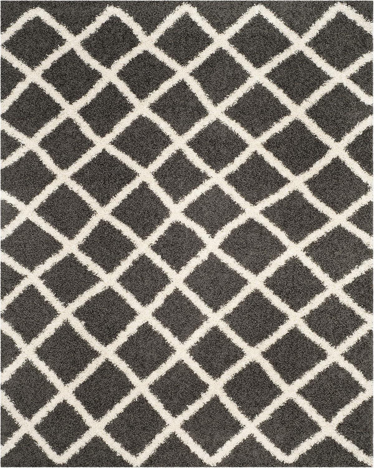 SAFAVIEH Area Rug 8x10 - Dallas Shag Collection - Large - Dark Grey & Ivory, Trellis Pattern, Non-Shedding & Easy Cleaning, Plush Thick Pile, Ideal for Living Room, Bedroom, Dining Space (SGDS258A)