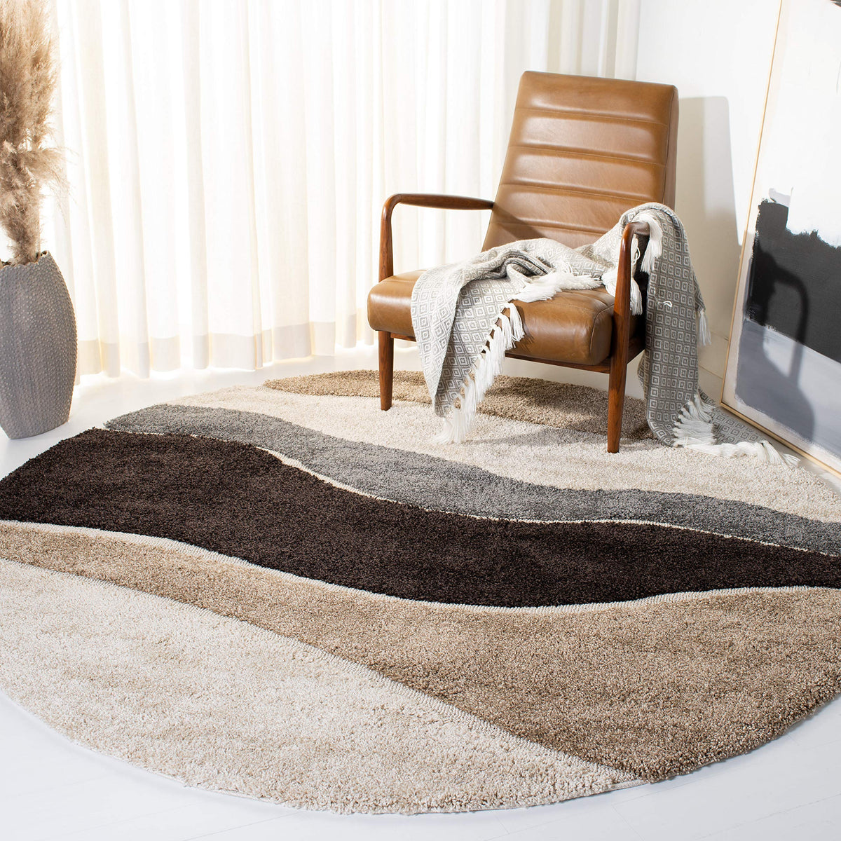 SAFAVIEH Florida Shag Collection Area Rug - 6' x 9', Ivory & Grey, Abstract Design, Non-Shedding & Easy Care, 1.2-inch Thick Ideal for High Traffic Areas in Living Room, Bedroom (SG475-1180)
