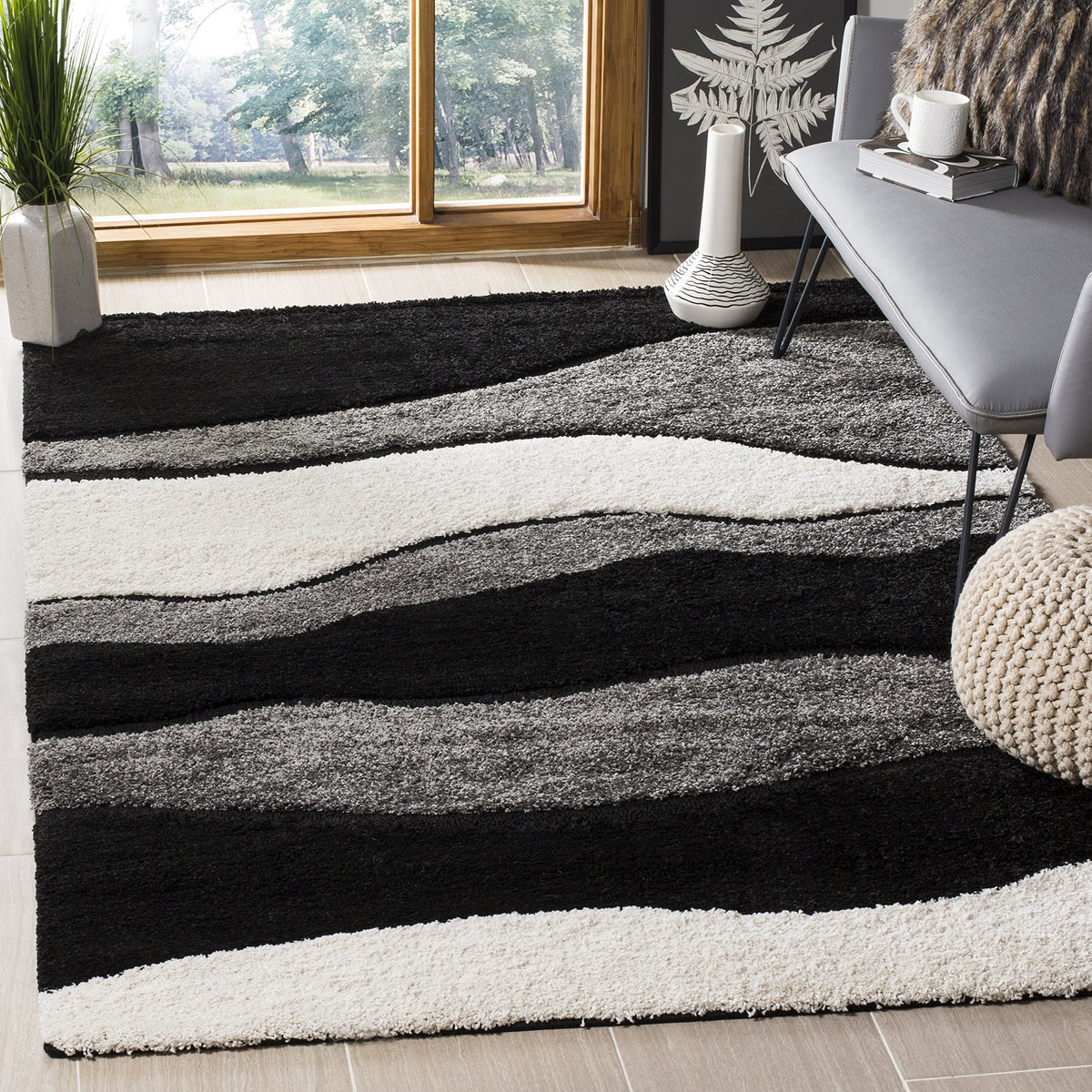 SAFAVIEH Florida Shag Collection Area Rug - 6' x 9', Ivory & Grey, Abstract Design, Non-Shedding & Easy Care, 1.2-inch Thick Ideal for High Traffic Areas in Living Room, Bedroom (SG475-1180)