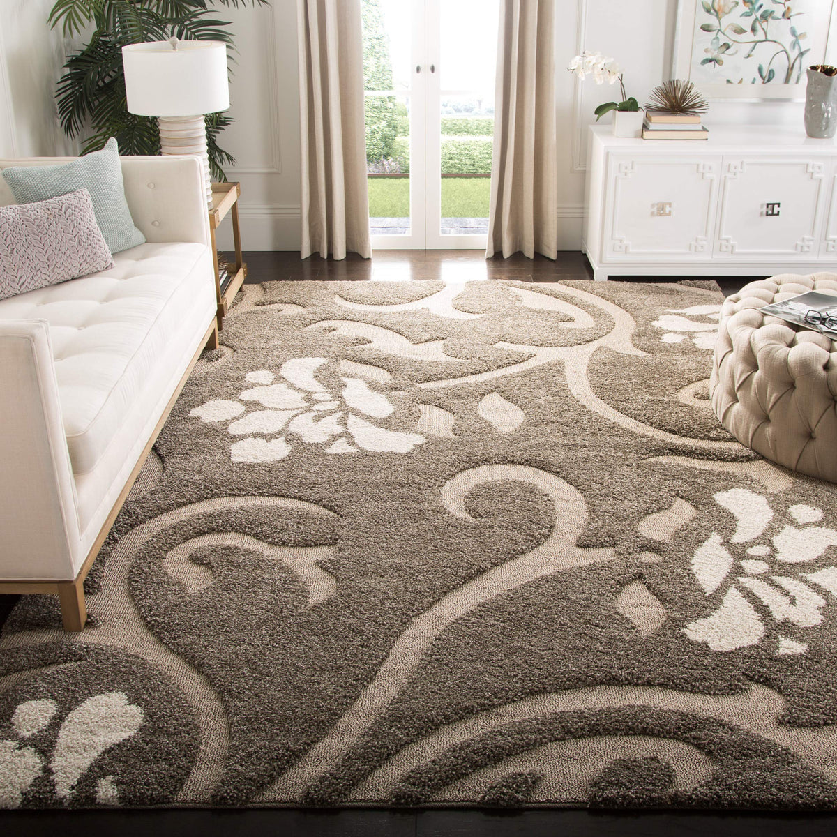 SAFAVIEH Area Rug 8x10 - Florida Shag Collection - Large - Smoke & Beige, Floral Design, Non-Shedding & Easy Cleaning, Plush Thick Pile, Ideal for Living Room, Bedroom, Dining Space (SG464-7913)