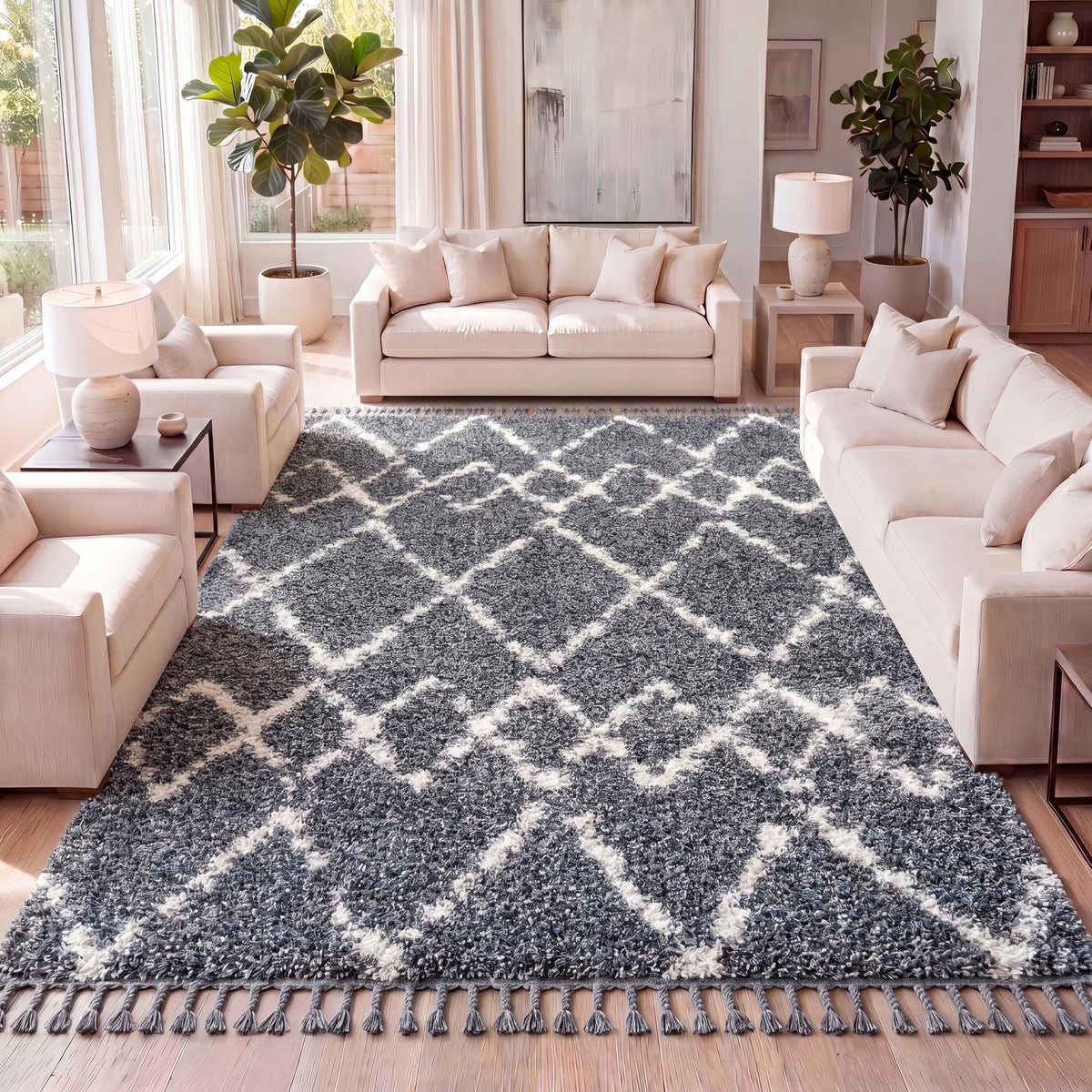 JONATHAN Y Mercer Shag Plush Tassel Ivory/Gray Indoor Area Rug, 8x10, Moroccan Geometric Trellis, Contemporary, Easy-Cleaning for Living Room, Bedroom, Kitchen, Pet Friendly, Non-Shedding (MCR102B-8)