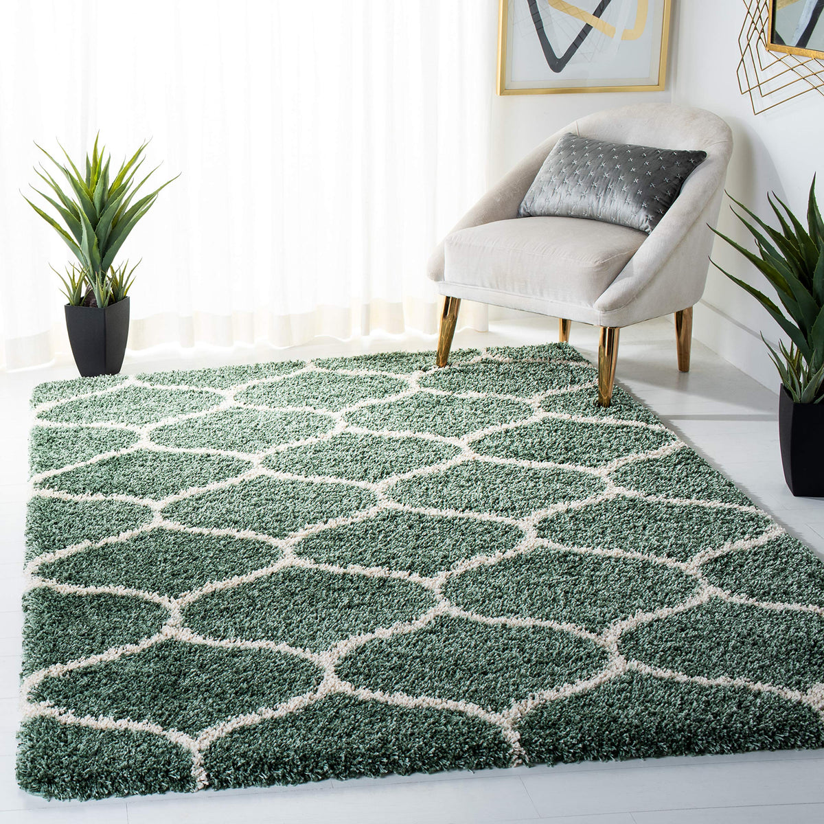 SAFAVIEH Hudson Shag Collection 9' x 12' Grey/Ivory SGH280B Moroccan Ogee Trellis Non-Shedding Living Room Bedroom Dining Room Entryway Plush 2-inch Thick Area Rug