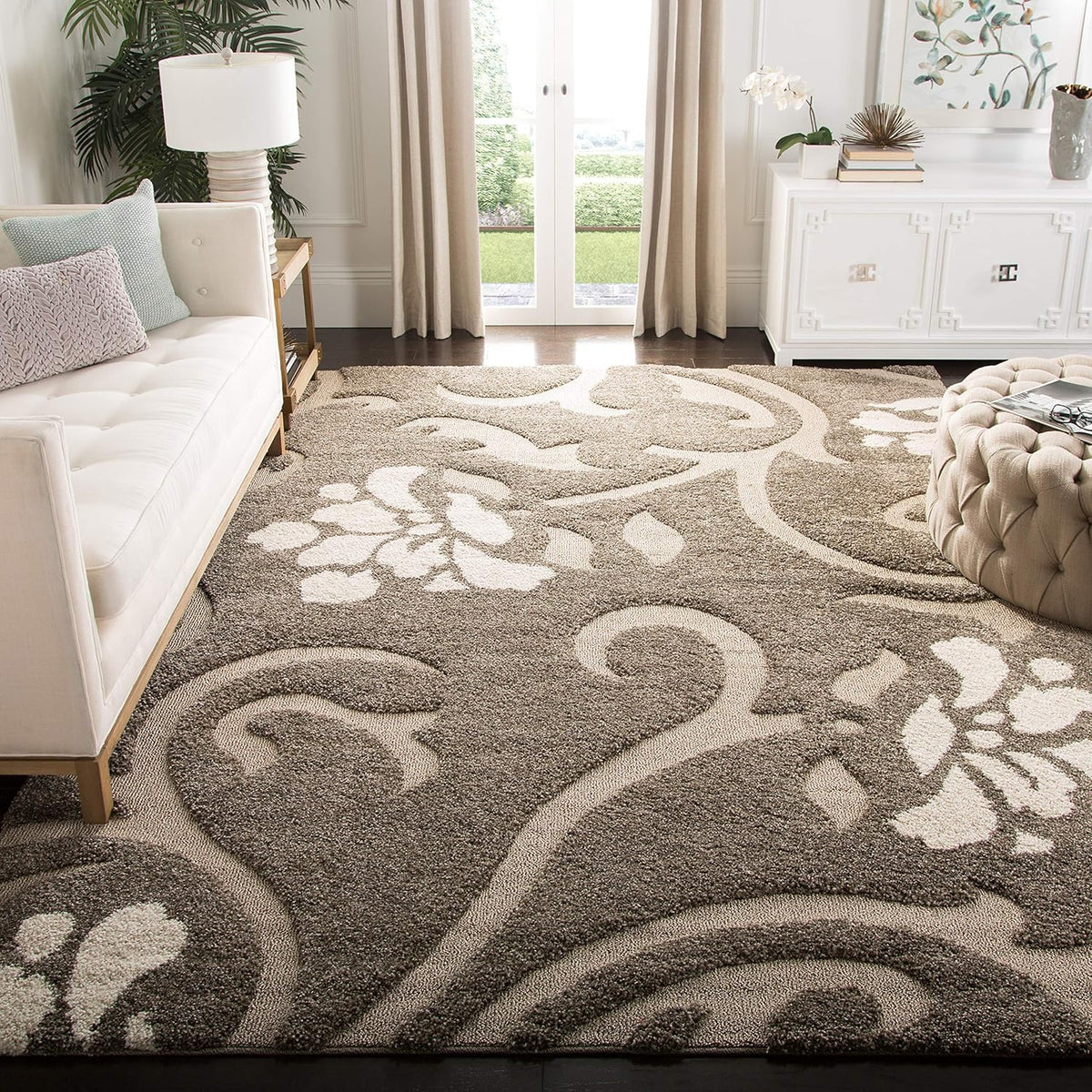 SAFAVIEH Area Rug 8x10 - Florida Shag Collection - Large - Smoke & Beige, Floral Design, Non-Shedding & Easy Cleaning, Plush Thick Pile, Ideal for Living Room, Bedroom, Dining Space (SG464-7913)