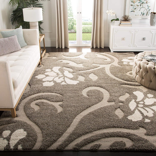 SAFAVIEH Area Rug 8x10 - Florida Shag Collection - Large - Smoke & Beige, Floral Design, Non-Shedding & Easy Cleaning, Plush Thick Pile, Ideal for Living Room, Bedroom, Dining Space (SG464-7913)