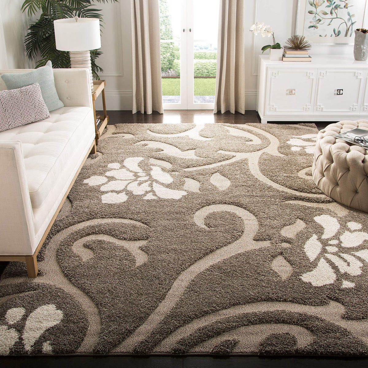 SAFAVIEH Area Rug 8x10 - Florida Shag Collection - Large - Smoke & Beige, Floral Design, Non-Shedding & Easy Cleaning, Plush Thick Pile, Ideal for Living Room, Bedroom, Dining Space (SG464-7913)