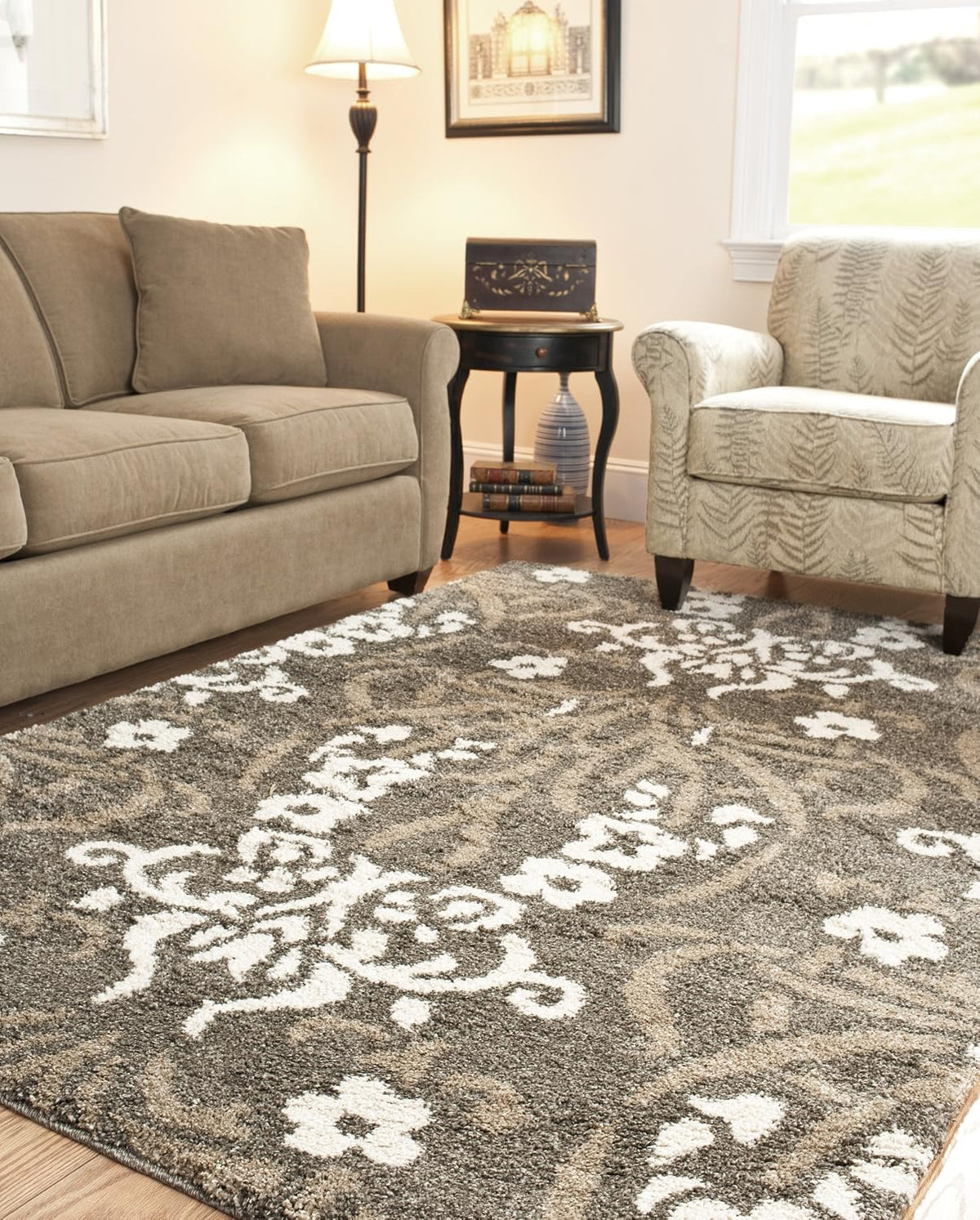 SAFAVIEH Florida Shag Collection Area Rug - 8'6" x 12', Smoke & Beige, Floral Design, Non-Shedding & Easy Care, 1.2-inch Thick Ideal for High Traffic Areas in Living Room, Bedroom (SG457-7913)