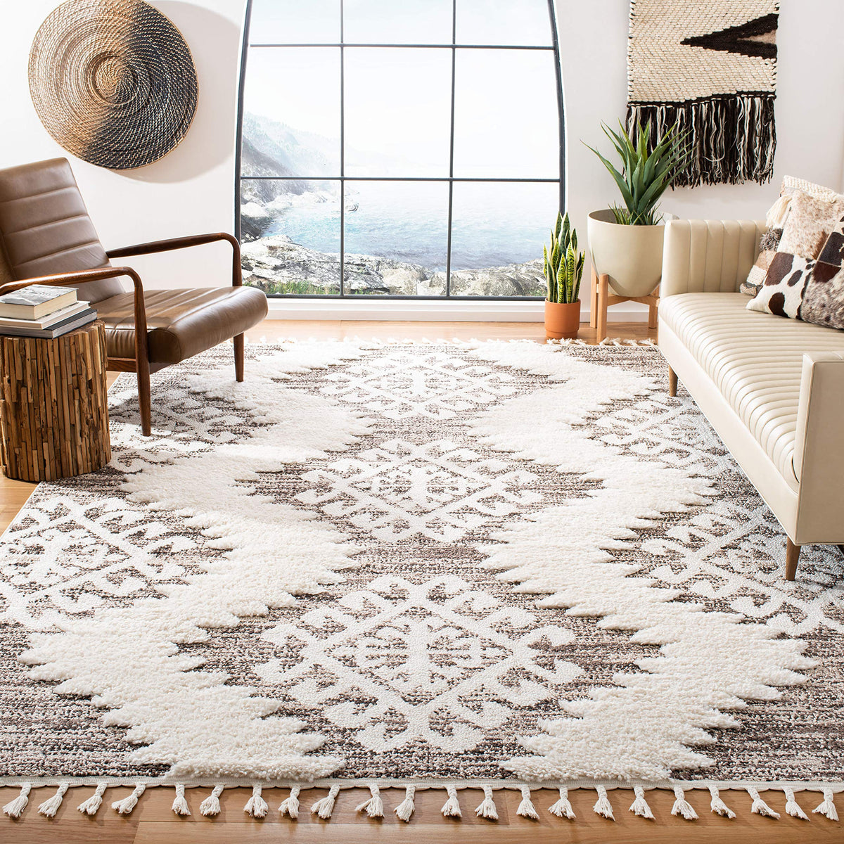 SAFAVIEH Moroccan Tassel Shag Rug 10'x14', Soft Plush Ivory & Brown MTS652A