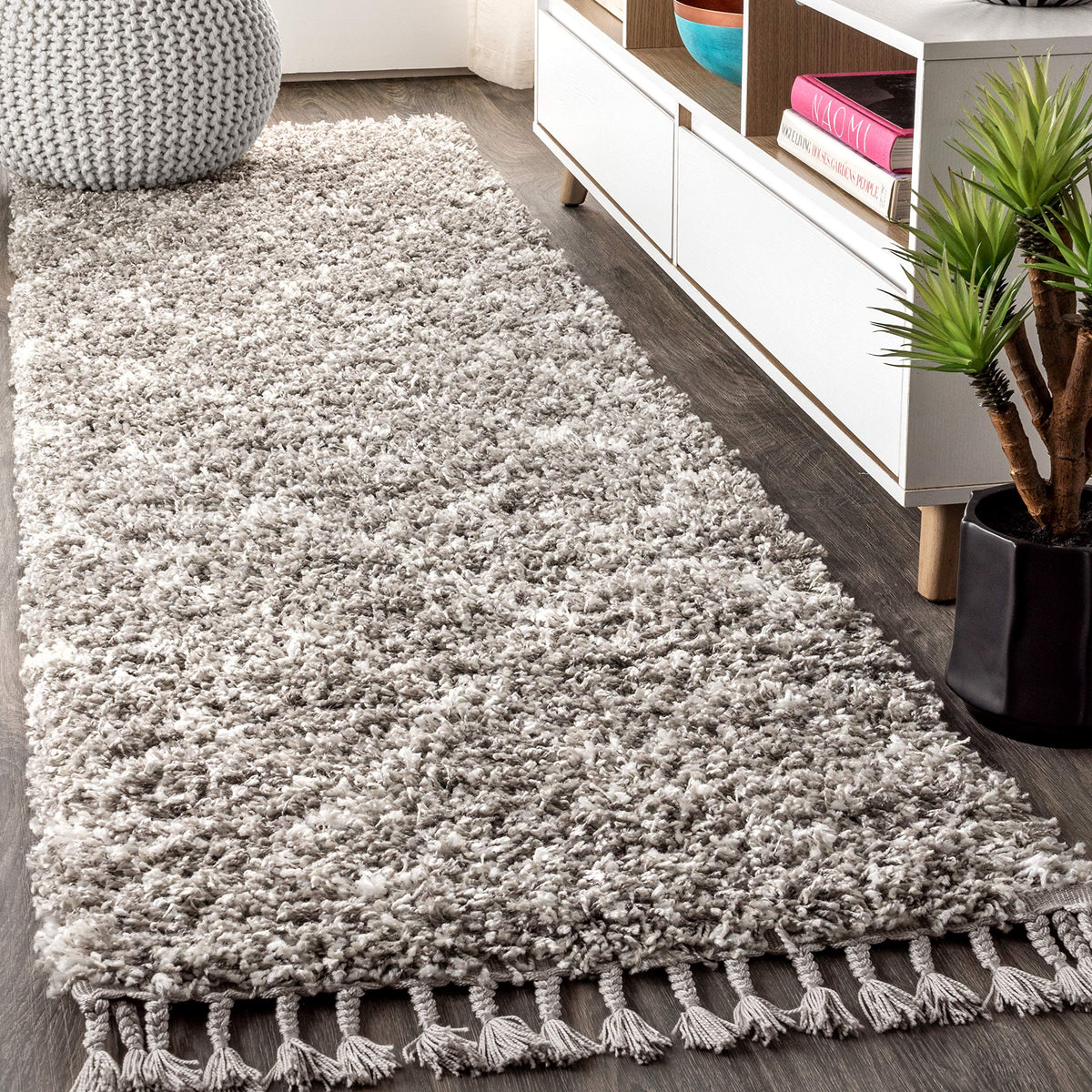 JONATHAN Y Mercer Shag Plush Tassel Blue/Cream Indoor Area Rug, 8x10, Moroccan Geometric Trellis, Easy-Cleaning for Living Room, Bedroom, Kitchen, Pet Friendly, Non-Shedding (MCR101A-8)