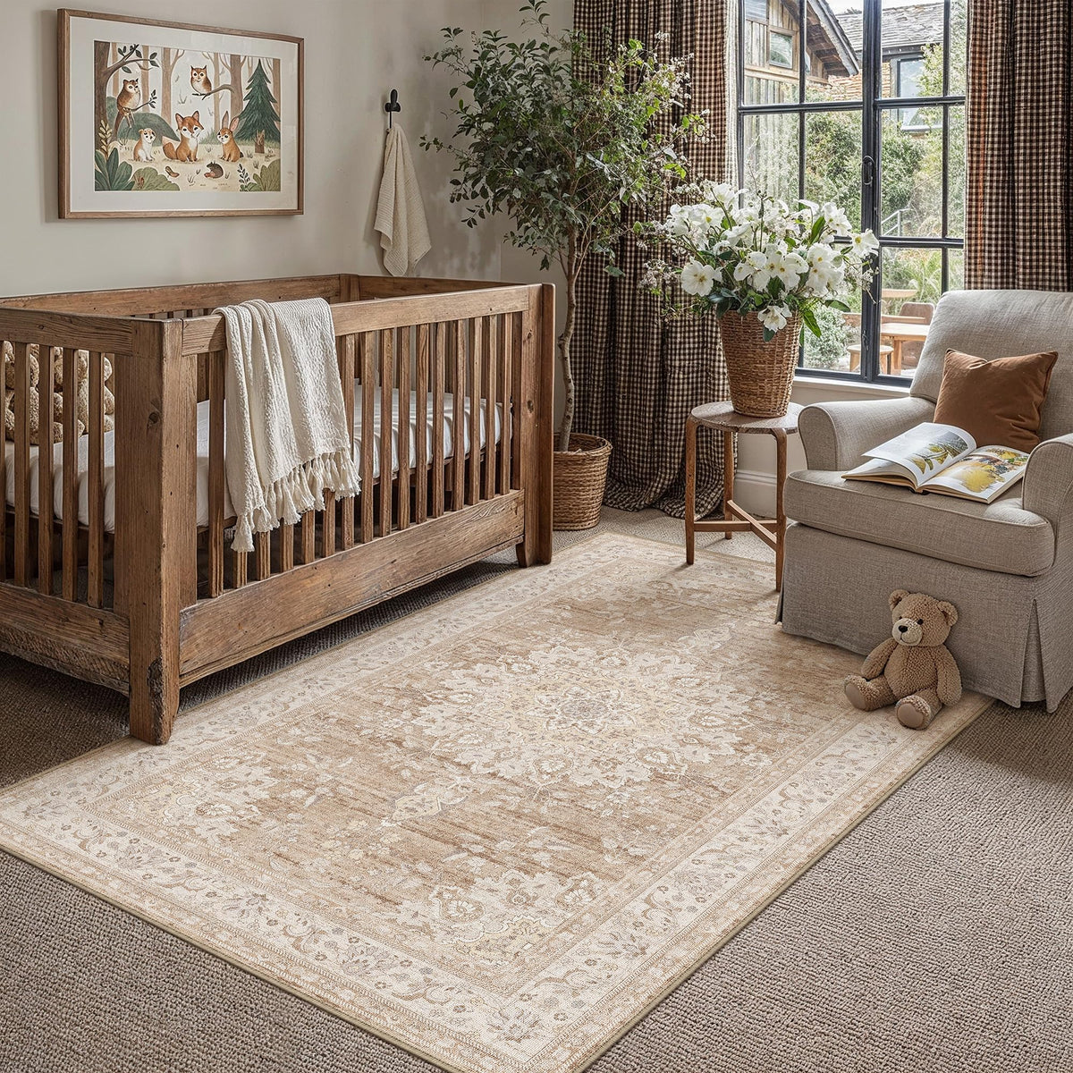 PureCozy 8x10 Neutral Area Rug Living Room Ivory Beige Vintage Medallion