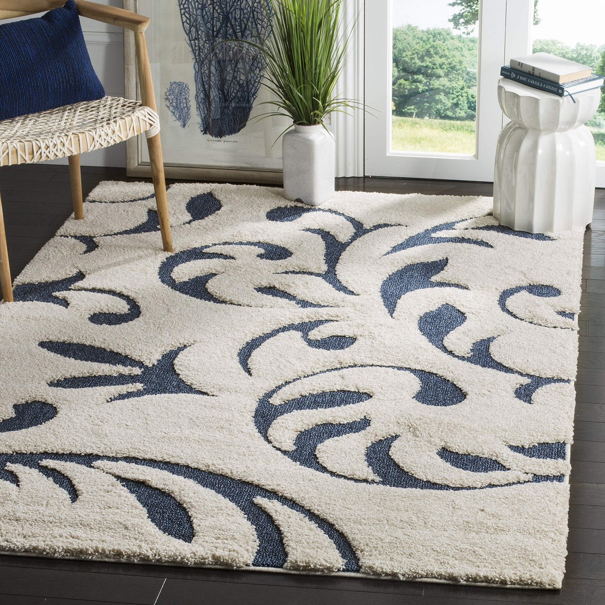 SAFAVIEH Florida Shag Collection Area Rug - 8'6" x 12', Creme & Creme, Scroll Design, Non-Shedding & Easy Care, 1.2-inch Thick Ideal for High Traffic Areas in Living Room, Bedroom (SG468-1111)