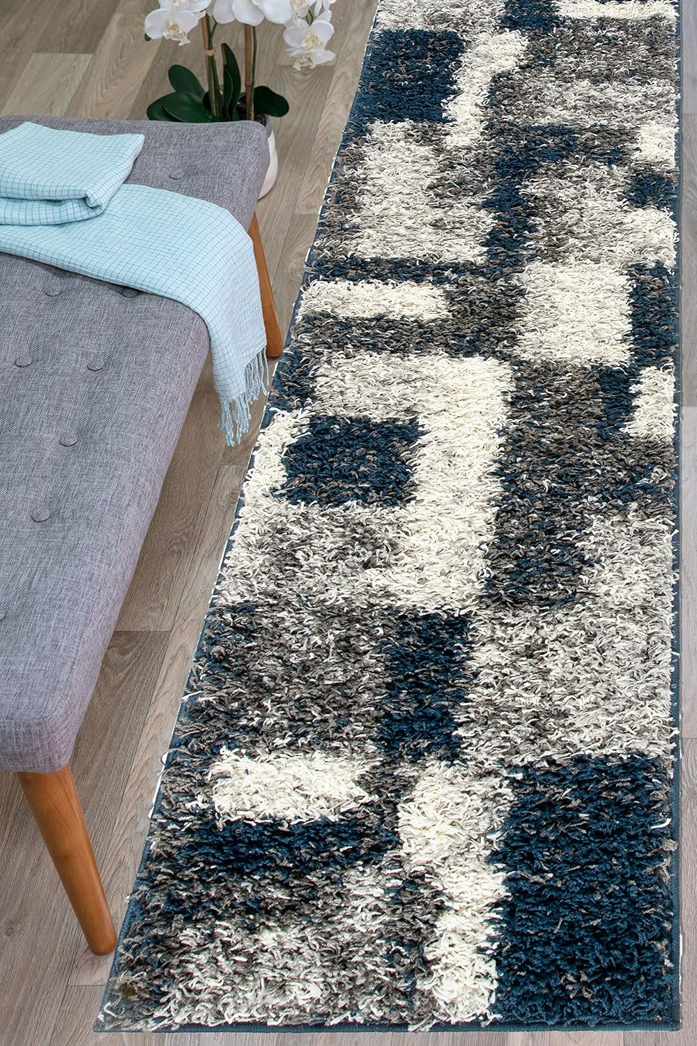 Rugshop Modern Boxes Distressed Shag Plush Soft Area Rug Navy 7'10" x 10'