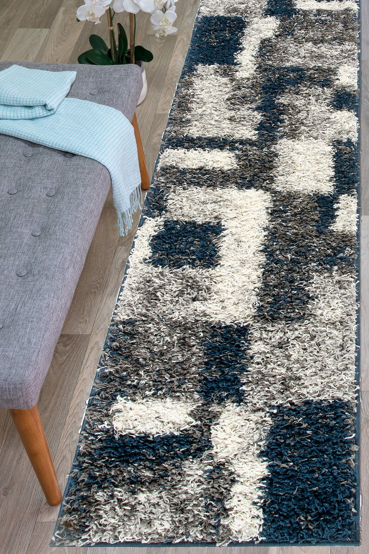 Rugshop Modern Boxes Distressed Shag Plush Soft Area Rug Navy 7'10" x 10'