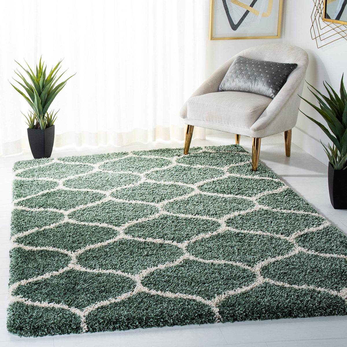 SAFAVIEH Hudson Shag Collection 9' x 12' Grey/Ivory SGH280B Moroccan Ogee Trellis Non-Shedding Living Room Bedroom Dining Room Entryway Plush 2-inch Thick Area Rug