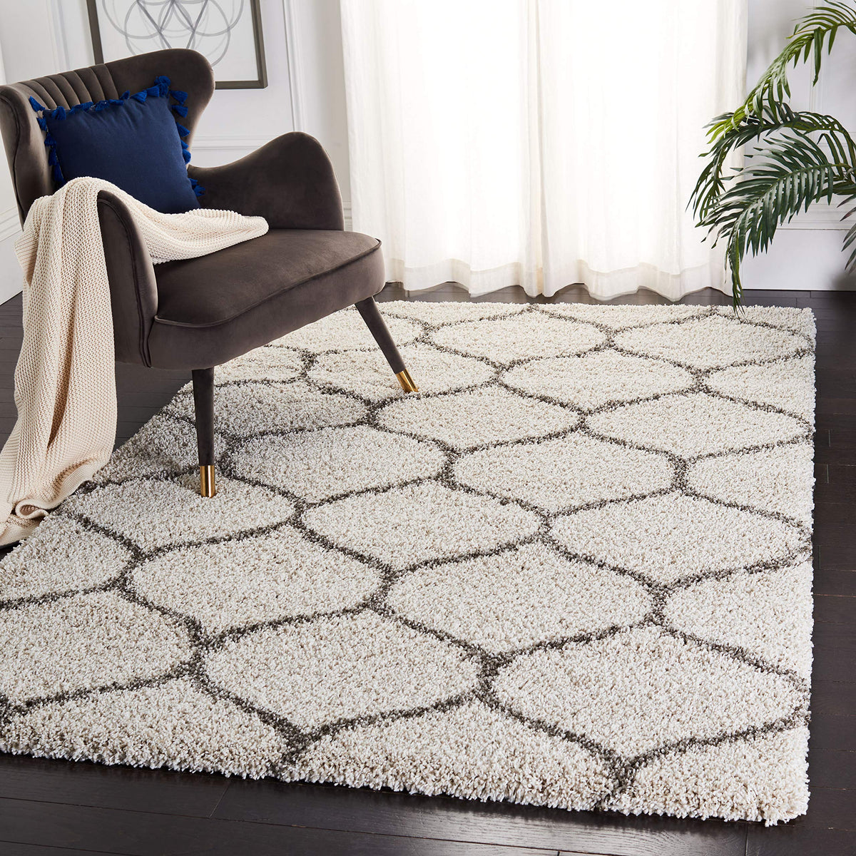 SAFAVIEH Hudson Shag Collection 9' x 12' Grey/Ivory SGH280B Moroccan Ogee Trellis Non-Shedding Living Room Bedroom Dining Room Entryway Plush 2-inch Thick Area Rug